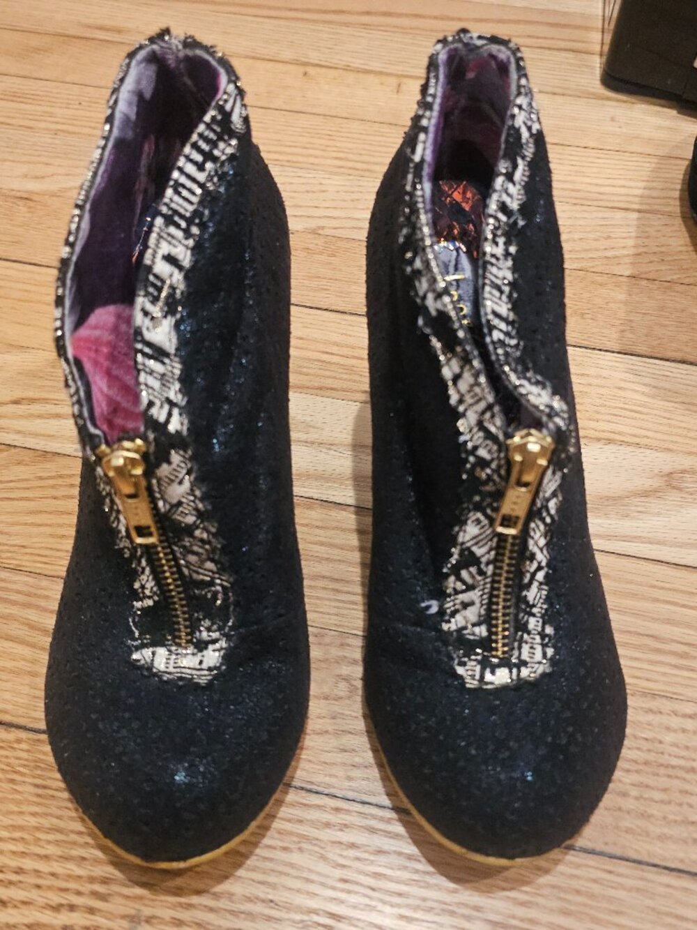 Irregular Choice: Statement Ankle Boots - Black Sparkle | Gold Zip | Rare
